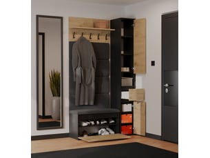 Lior - Meuble d'entrée - armoire avec siège et penderie - 110x202,5x35 cm – Chêne artisan / Noir