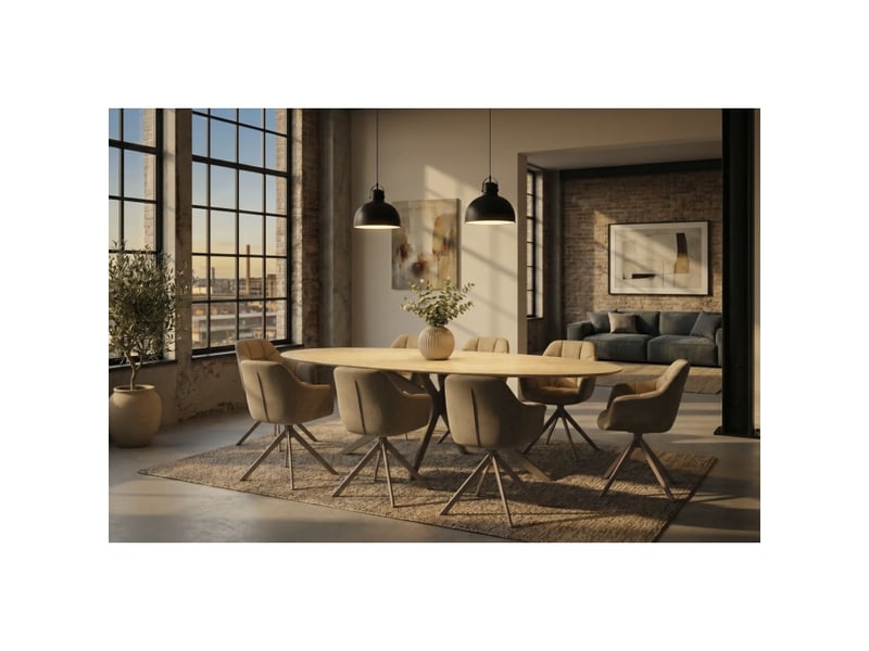  Table de salle à manger avelis ovale 220 cm en céramique beige et métal marron style contemporain  - Conforama E