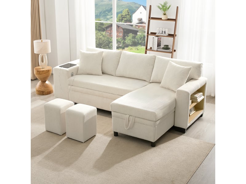 Canapé d'angle convertible 3 places 231 x 131,5 x 84 cm avec rangement ports usb-c étagère et coussins, velours côtelé beige Sol Morn - Conforama B