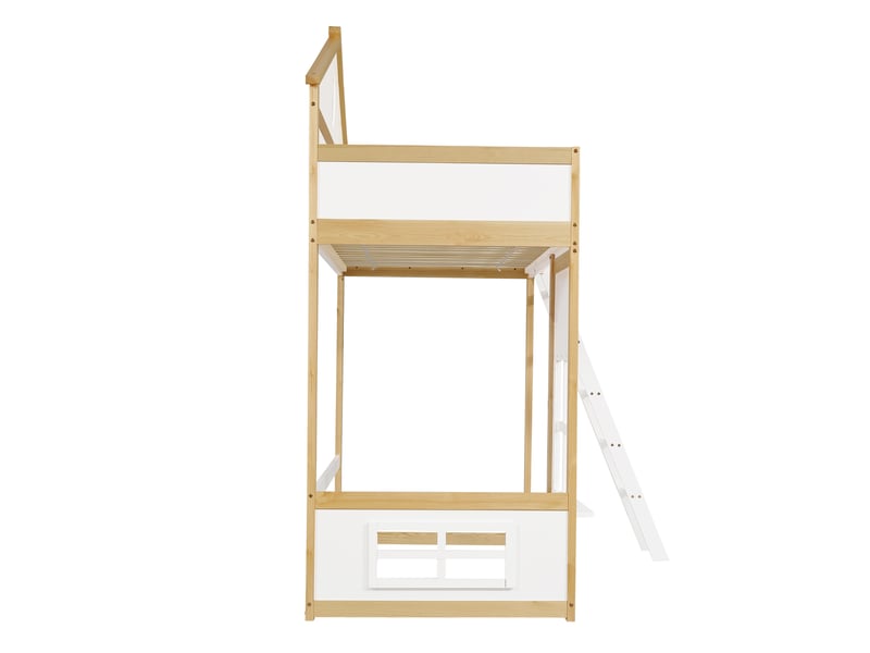  Lit mezzanine enfant 90x200 cm, design avec toit et fenêtres, un sommier, bois, blanc+naturel, sans matelas  - Conforama R