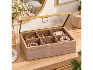 Lot de 2 boîte de rangement vitrée multifonctions à 6 compartiments en mdf effet bois - longueur 24 x profondeur 16 x hauteur 7 cm