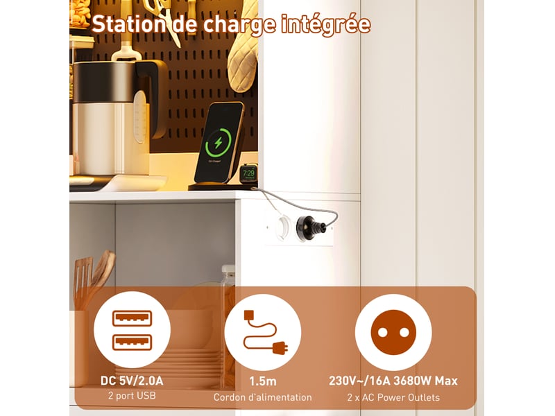  Buffet de cuisine haut avec 5 tiroirs, étagères réglables, éclairage led et prises, blanc, 145 × 40 × 185 cm  - Conforama E