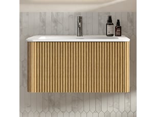 Meuble salle de bain suspendu 80 cm avec vasque - façade rainurée, 2 tiroirs, coloris chêne
