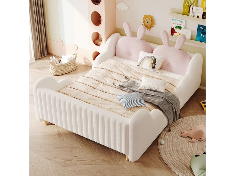  Lit rembourré double 140 x 200 cm avec coussins en forme de lapin, côtés en forme de nuage, plateforme mignonne en velours teddy, blanc, sans matelas  - Conforama B