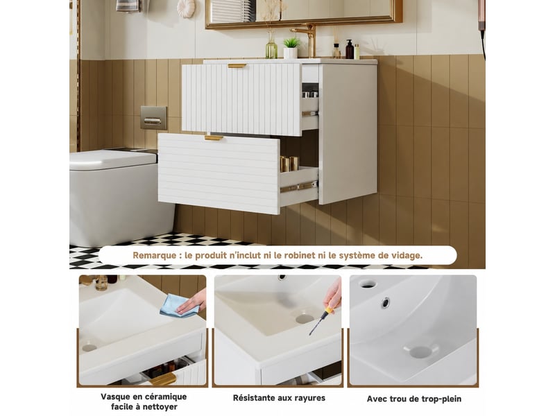  Meuble vasque suspendu blanc 61 cm avec façade texturée et lavabo intégré  - Conforama D