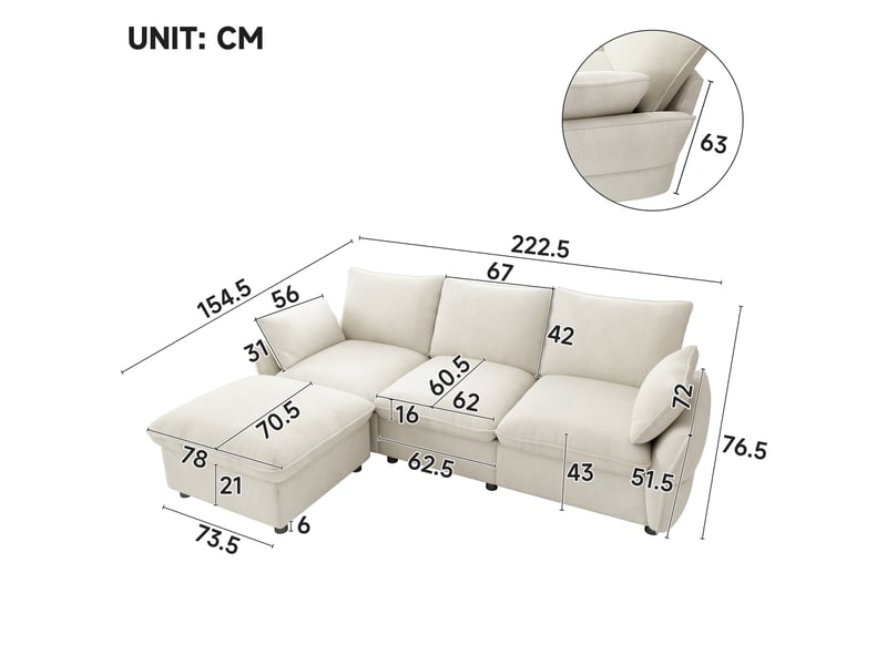  Canapé d'angle 3 places 222,5x154,5x76,5 cm avec ottomane en chenille beige  - Conforama C
