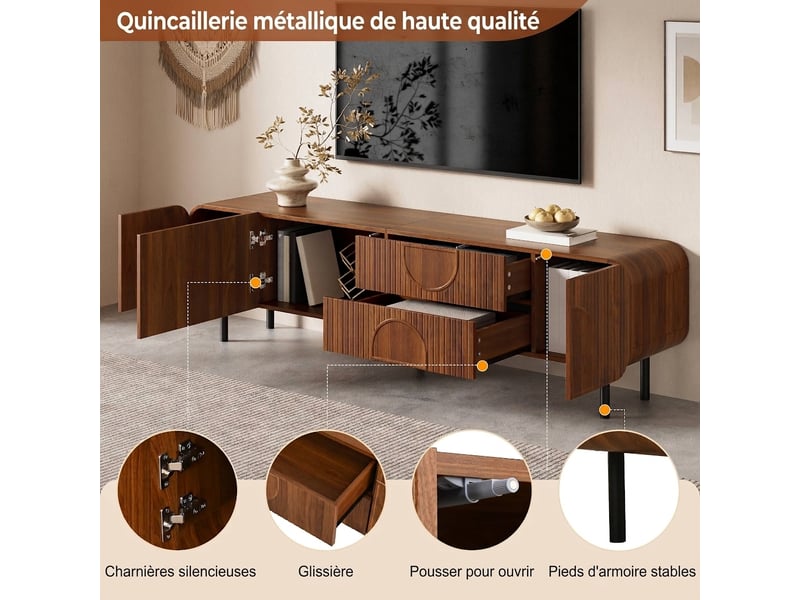  Meuble tv noyer 180 cm style mid-century avec 3 portes, 2 tiroirs et pieds en métal  - Conforama D