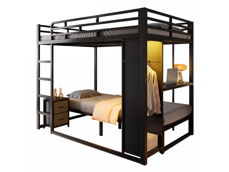 Lit superposé 140 x 200 et 90 x 200 cm avec chevet mobile, penderie, led, étagère, échelle et garde-corps, métal et bois - noir OMNIGLINT TRADING LTD - Conforama A