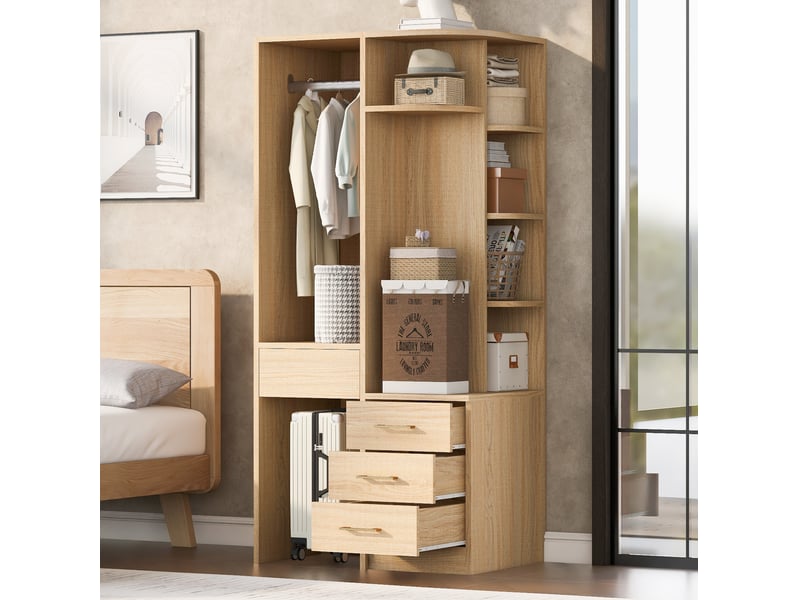  Armoire ouverte 70 x 55 x 175 cm avec penderie, étagères et 3 tiroirs, bois  - Conforama D