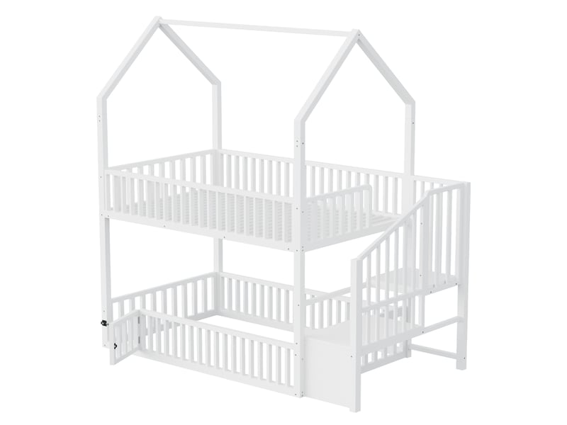  Lit superposé pour enfant 90x200 cm - lit en métal - avec escalier - avec une petite porte - blanc (matelas non inclus)  - Conforama R