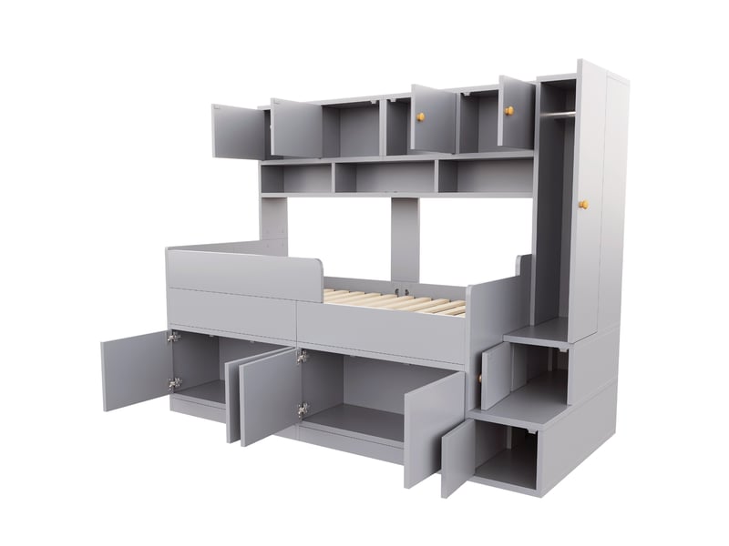  Lit enfant 90x200 cm, lit combiné avec rangement et led, gris, sans matelas  - Conforama D