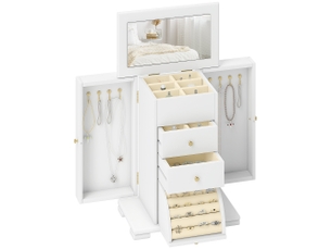 Coffret à bijoux pour femme à 4 niveaux, en bois avec ailes, miroir et 2 tiroirs, 26,5 x 16 x 33,5 cm, blanc