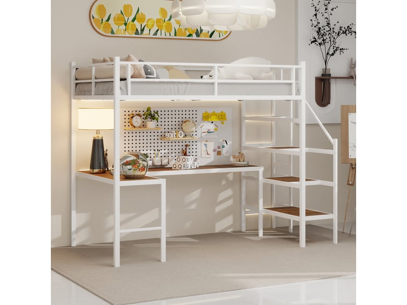  Lit mezzanine en l avec bureau intégré, grands espaces de rangement, garde-corps intégré, structure robuste  - Conforama D