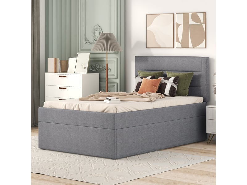  Lit rembourré 90 x 200 cm sans matelas, sommier à lattes, grand rangement, gris pour chambre  - Conforama D