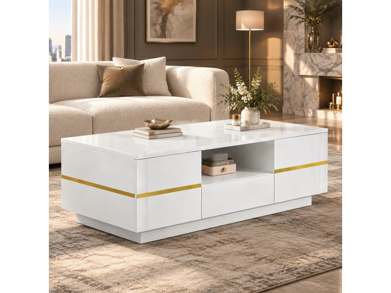  Table basse avec 2 portes, tiroir et niche - lpospi - plateau brillant en mdf blanc et doré 100 × 50 × 35,5 cm  - Conforama B