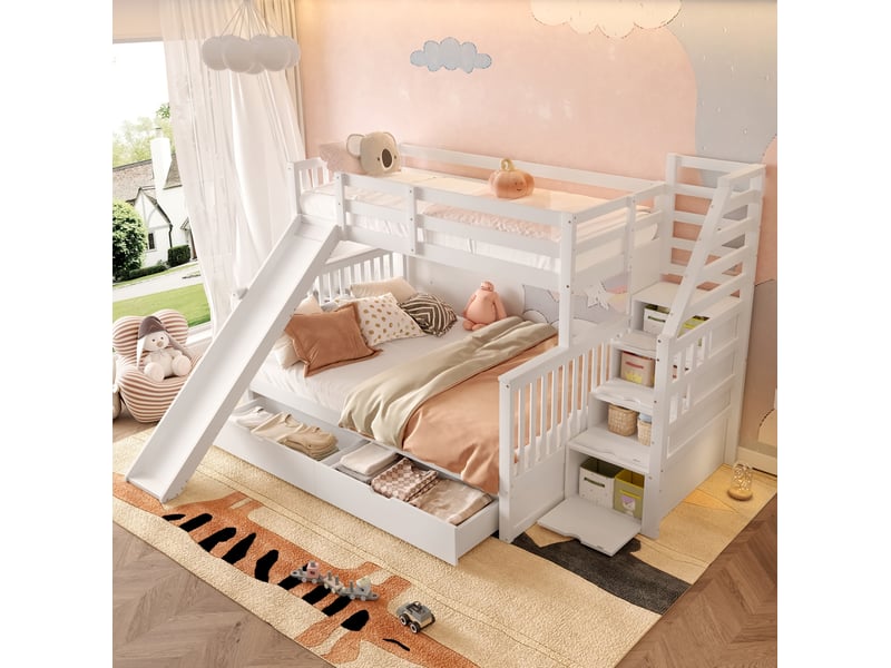 Lit superposé 90x200 et 140x200 cm avec toboggan et tiroirs, blanc antique - Conforama C