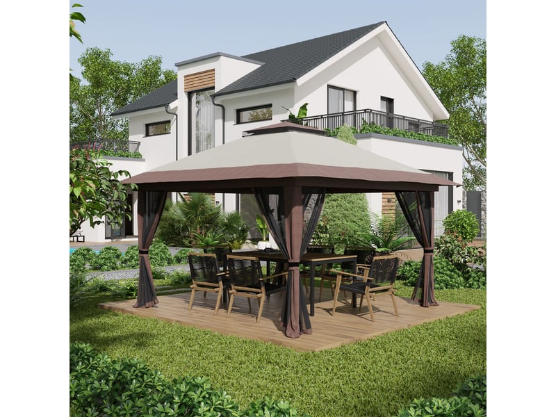 Pavillon pliant de jardin - 4x4 m - réglable en hauteur - protection uv50+ - rideaux en filet - toit double - beige 392x392x283cm - Conforama B