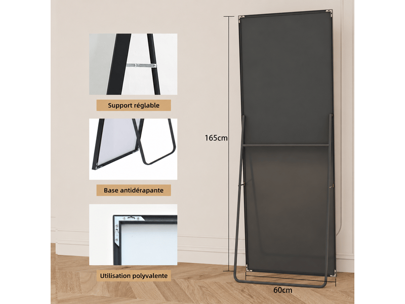 Miroir complet rectangulaire 165 × 60 cm, miroir de sol sur pied avec support, miroir décoratif pour chambre à coucher, salle de bain, entrée, couloir, noir - Conforama D