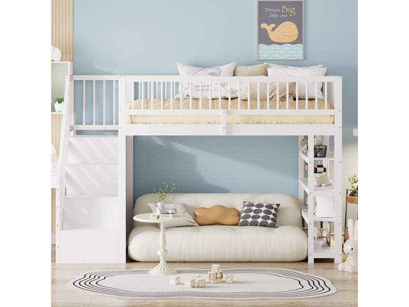  Lit mezzanine enfant 200×90 cm avec armoire, étagères et échelle, sommier à lattes, sans matelas  - Conforama C