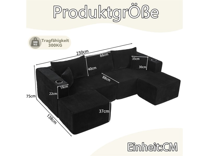  Canapé d'angle modulable - 230x138x75cm - canapé 3 places en velours côtelé avec 2 poufs amovibles et porte-gobelets - noir  - Conforama E