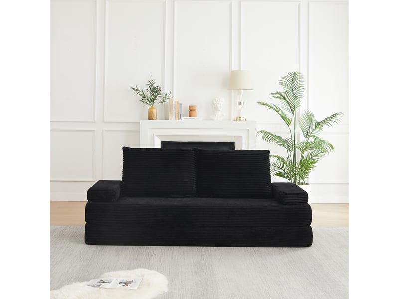  Canapé modulable convertible 211 cm en velours côtelé, canapé-lit avec 2 dossiers triangulaires, 2 coussins et 2 accoudoirs amovibles - noir  - Conforama D
