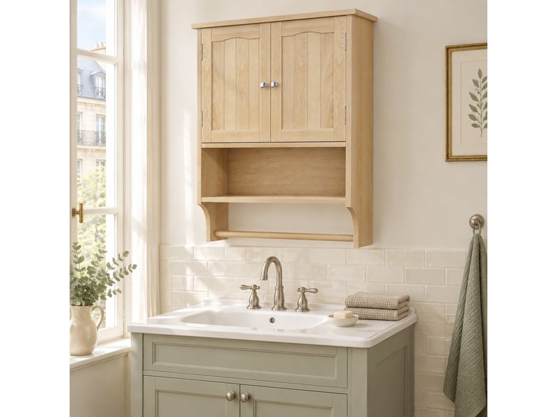  Armoire murale de salle de bains 56,9 x 26,7 x 70,1 cm, coloris chêne, mdf, 2 portes et porte-serviettes  - Conforama B