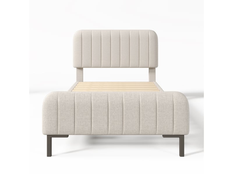  Lit rembourré 90x190 cm beige-gris en lin avec tête de lit réglable et sommier à lattes  - Conforama A