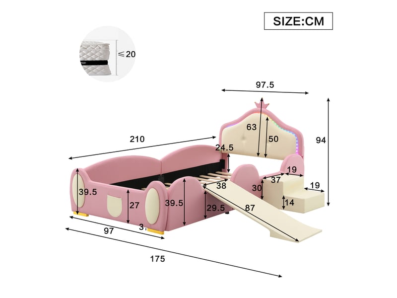  Lit enfant avec toboggan et escalier 90x200 cm simili cuir rose et beige couronne led et sommier  - Conforama E