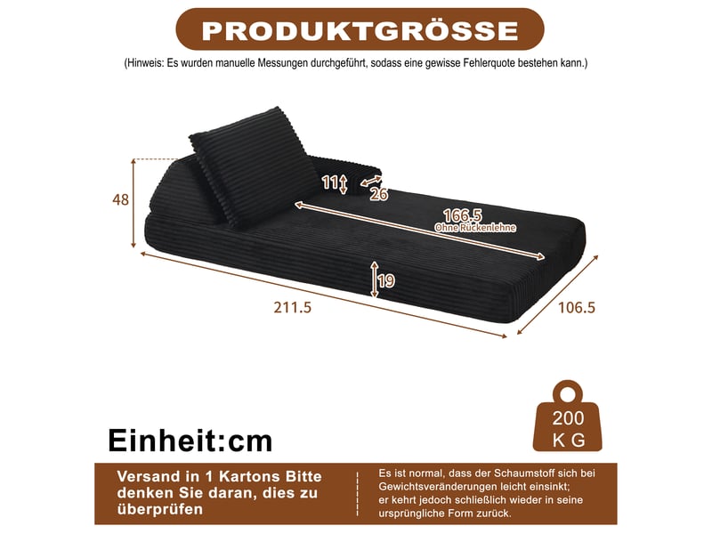 Canapé modulable convertible 211 cm en velours côtelé, dossiers triangulaires, accoudoirs amovibles, coussins d’assise allongés - noir - Conforama D