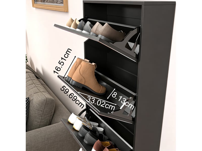 Meuble à chaussures noir 63 cm avec miroir intégral et 5 compartiments abattants, ultra-fin pour l'entrée  - Conforama D