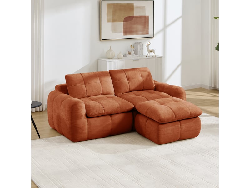  Canapé d'angle, canapé modulable, 2 places, en chenille, orange, base antidérapante, avec pouf, sans structure  - Conforama C