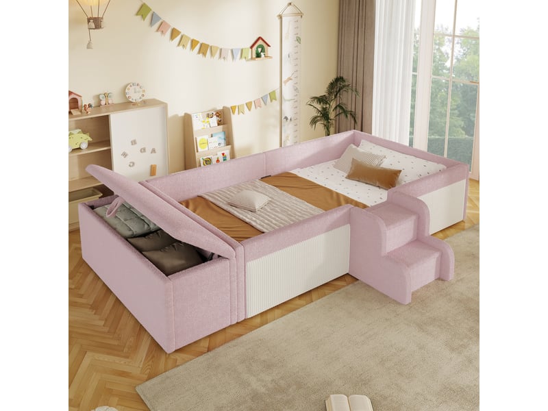  Lit banquette rembourré 90x190 cm en velours rose avec escalier et rangement Morn Vibe - Conforama E