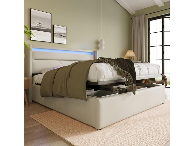  Lit coffre tcqpz 160 x 200 cm avec led en pu blanc  - Conforama E