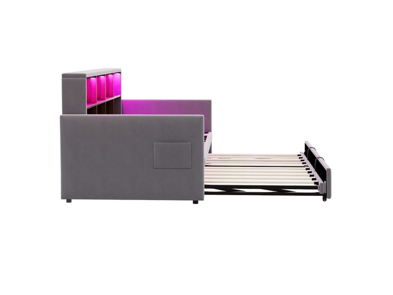  Lit banquette 90x190 cm gris foncé en velours, lit gigogne à 3 positions avec led et prises intégrées  - Conforama E