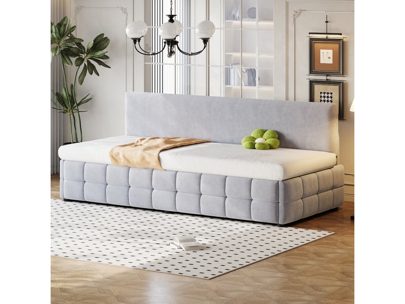 Lit coffre enfant 90x200 cm canapé-lit avec rangement, velours, gris clair, sans matelas - Conforama B