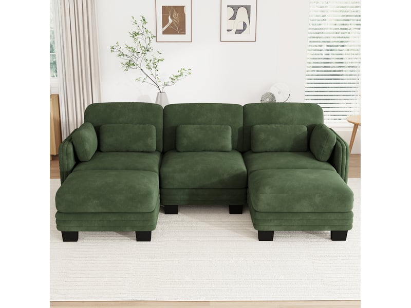 Canapé modulable en u 3 places modenvie en chenille vert avec 2 ottomans 253 x 143 x 88 cm - Conforama D