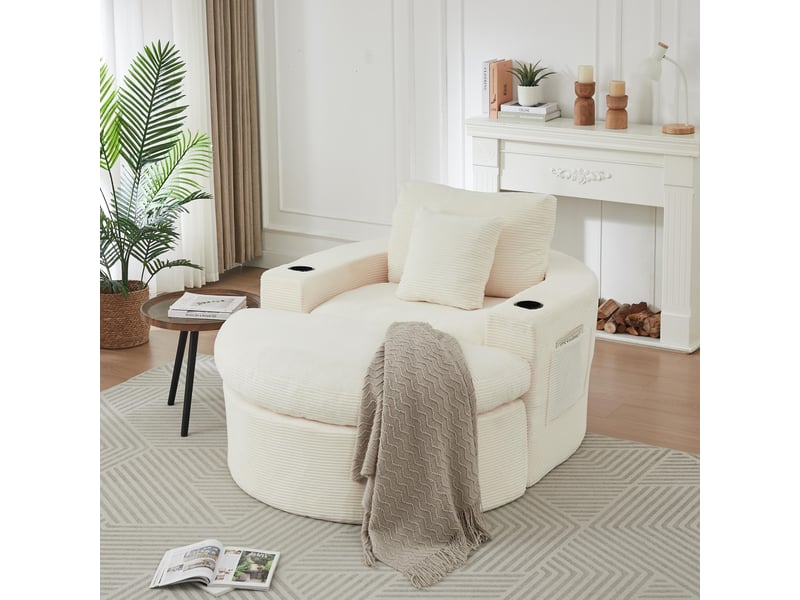 Fauteuil 1 places - 136x156x88 cm - fauteuil poire indépendant en velours côtelé avec ottoman, porte-gobelets - blanc - Conforama C