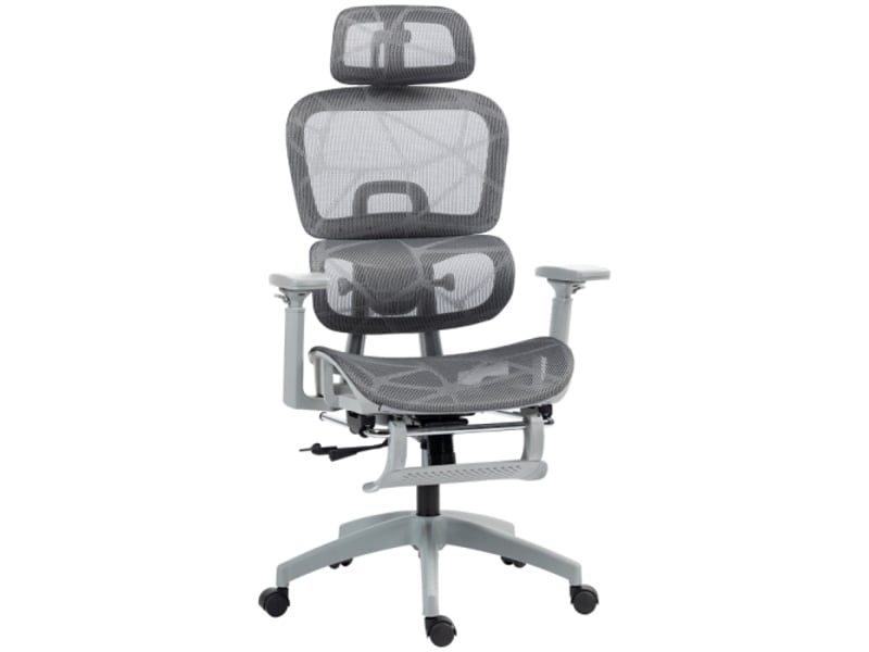 Chaise de bureau ergonomique en mesh gris, réglable, à roulettes, accoudoirs et appui-tête - Conforama A