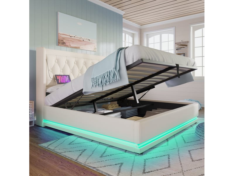  Lit coffre 160x200 cm, fonction usb type-c, led 3 côtés, pu, blanc sans matelas  - Conforama C