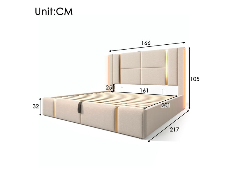 Lit coffre adulte 160x200 cm – beige – rangement hydraulique, led rgb, usbusb-c et matelas h3 inclus  - Conforama C
