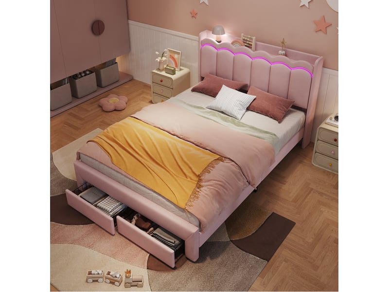  Lit enfant 140x200 cm, lit 2 places avec 2 tiroirs couleur rose, led, mdf et métal, sans matelas, moderne  - Conforama B
