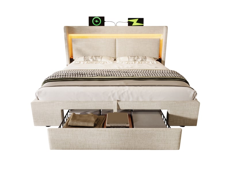  Lit coffre 140 x 200 cm beige en lin avec matelas, led, rangements et ports usbusb-c  - Conforama A