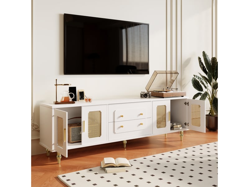  Meuble tv style rétro avec portes en rotin, poignées dorées, tiroirs push-to-open, pieds métalliques, blanc  - Conforama D
