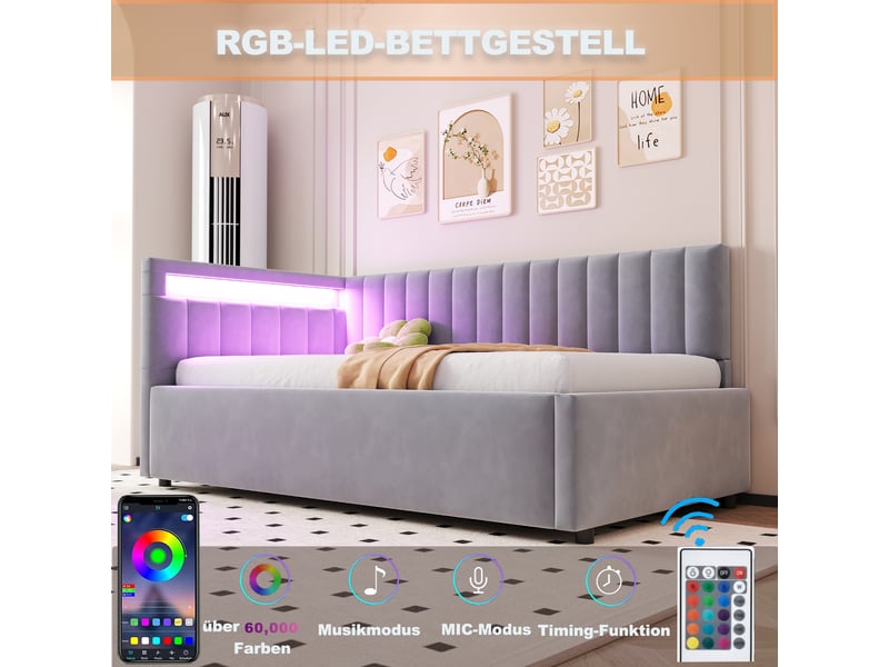  Lit sofa capitonné 90 x 200 cm gris avec led multicolore, usb et coffre hydraulique, velours  - Conforama D