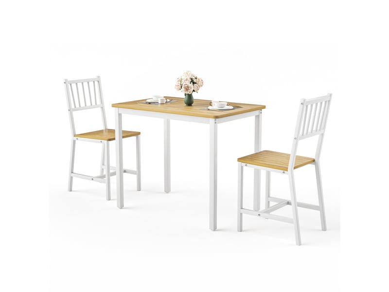  Ensemble table à manger avec deux bancs, table à manger style industriel, plateau naturel et structure blanche, 3 pièces pour cuisine  - Conforama R