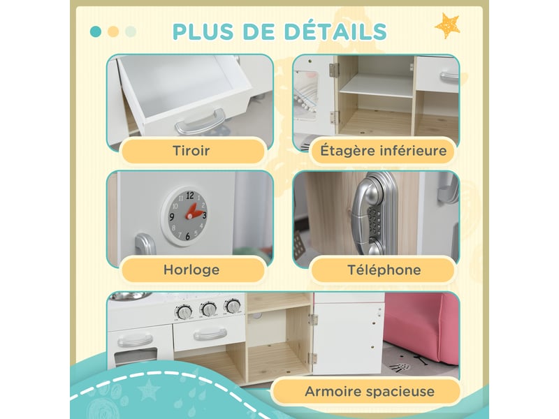 Cuisine bois jeu d'imitation - cuisine enfant - nombreux accessoires & rangements inclus - mdf pin blanc chêne clair - Conforama W
