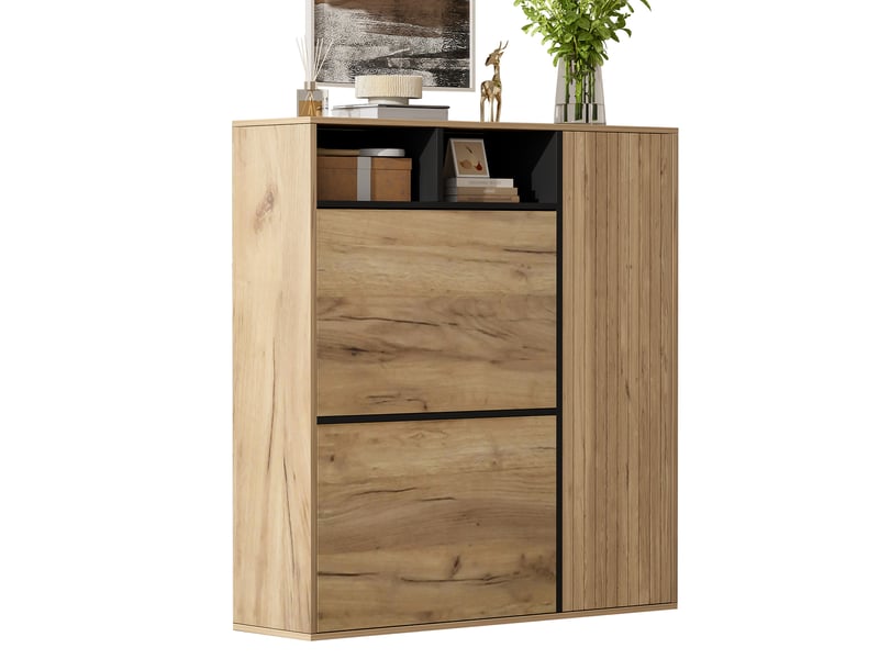  Meuble à chaussures 90x24x94 cm avec 2 abattants et 1 porte noir et naturel  - Conforama A