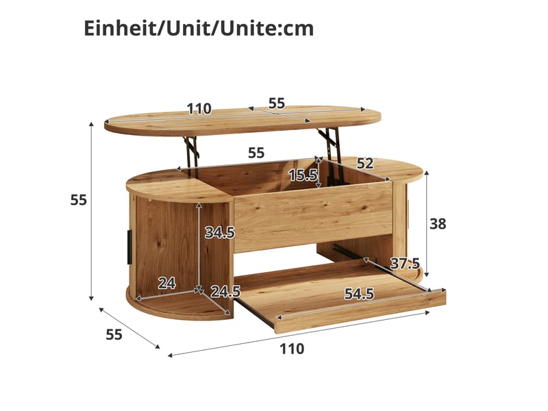  Table basse relevable avec rangements cachés, portes coulissantes et plateau coulissant pour salon en mdf naturel  - Conforama C