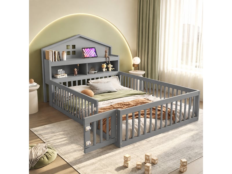 Lit enfant cabane 140 x 200 cm avec barrières, porte, rangements et sommier gris - Conforama B