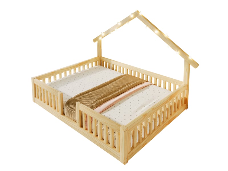  Lit cabane enfant 140x200 cm avec barrière et led, mdf et pin naturel, sans matelas  - Conforama A